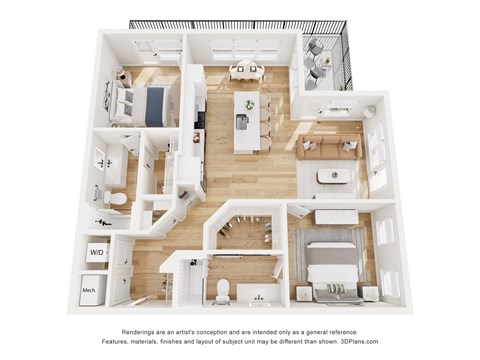 Floor plan for 2 beds, 2 baths, 1107 sqft